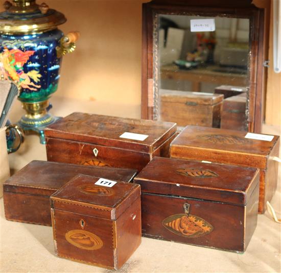 Assorted boxes, caddies, mirror